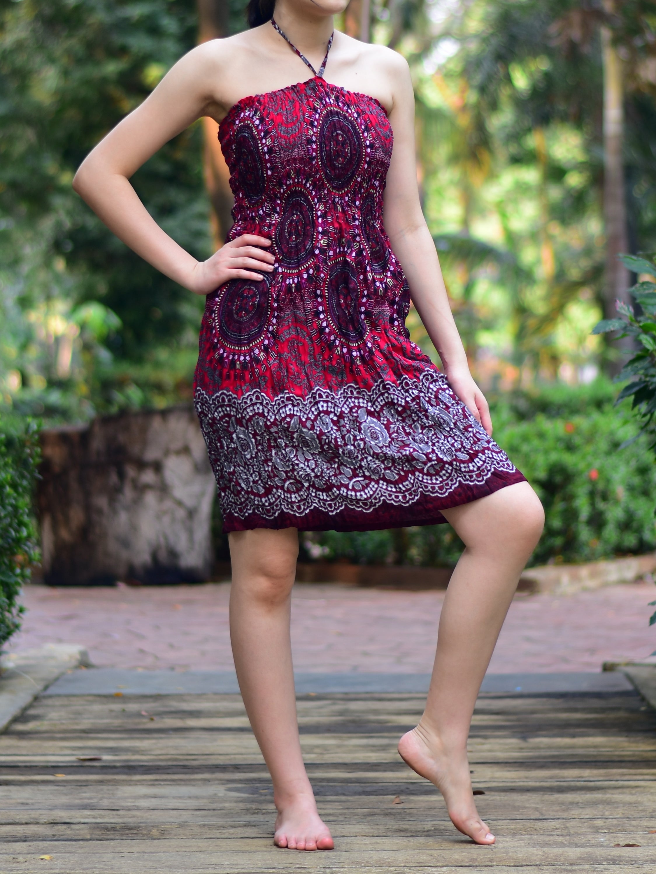 Bohotusk Red Sun Glow Print Short Mini Dress with Tie Neck, showcasing a vibrant print and stylish design.